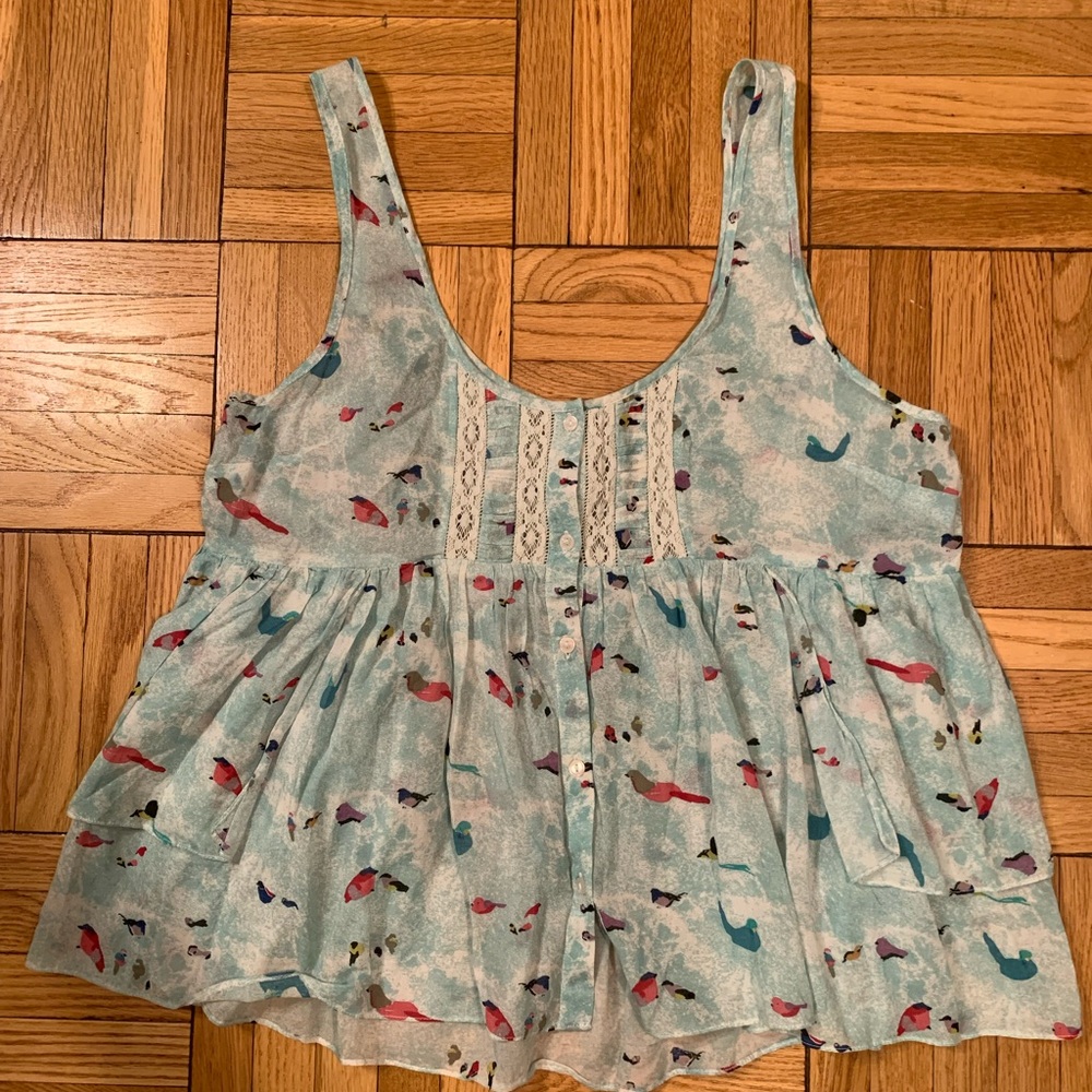 Free People Light Aqua Bird Print Tank Top